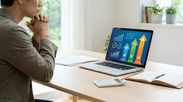 Un entrepreneur pensif regarde des graphiques financiers sur son ordinateur portable.