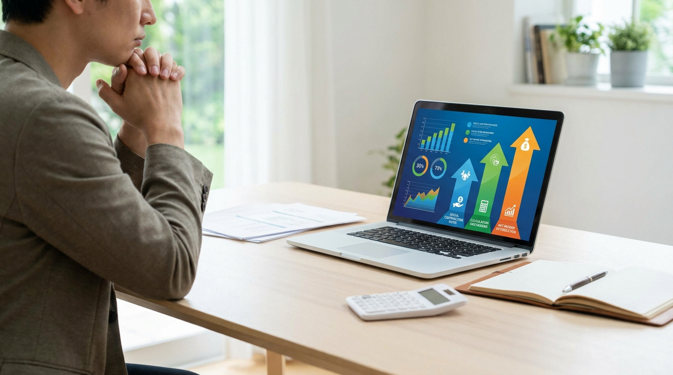 Un entrepreneur pensif regarde des graphiques financiers sur son ordinateur portable.
