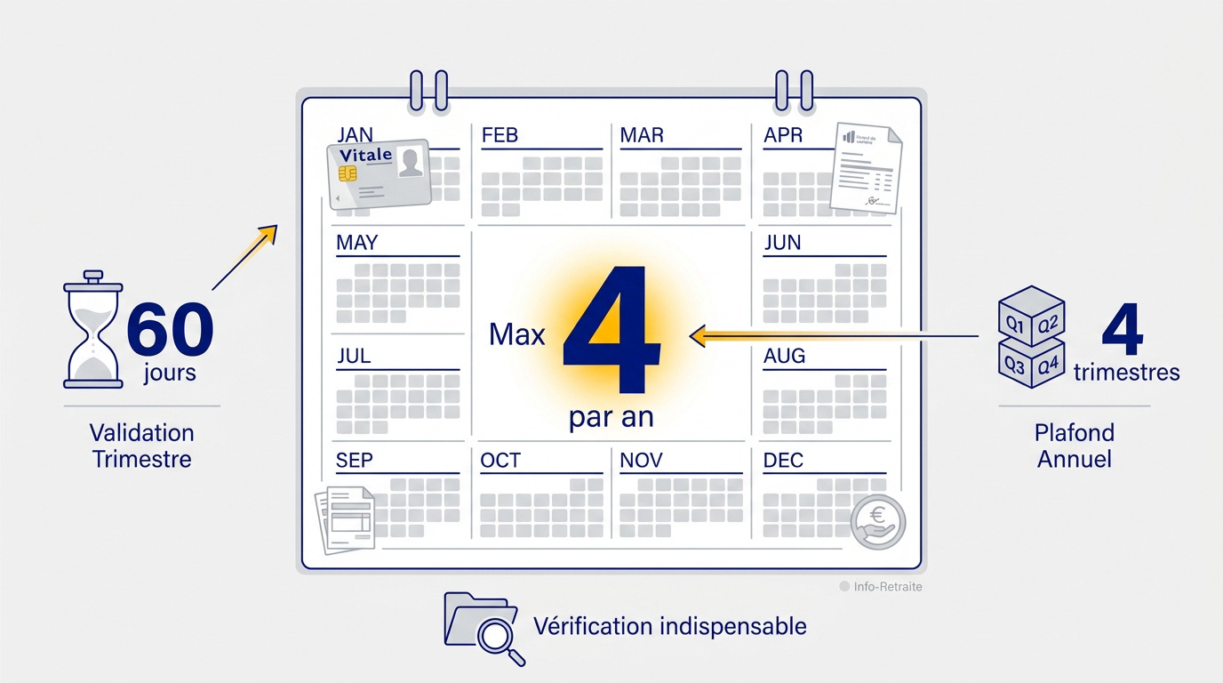 Comment valider vos trimestres retraite maladie sans erreur 2 Calendrier illustrant la limite de 4 trimestres de retraite par an