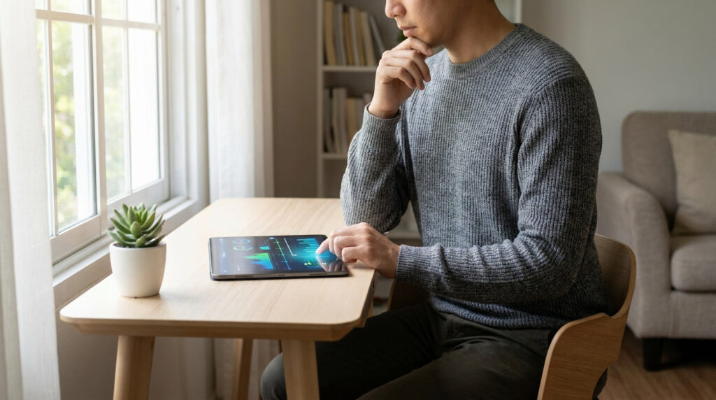 Comment valider vos trimestres retraite maladie sans erreur 1 Un homme consulte des données financières sur sa tablette numérique assis à un bureau lumineux près d'une fenêtre.