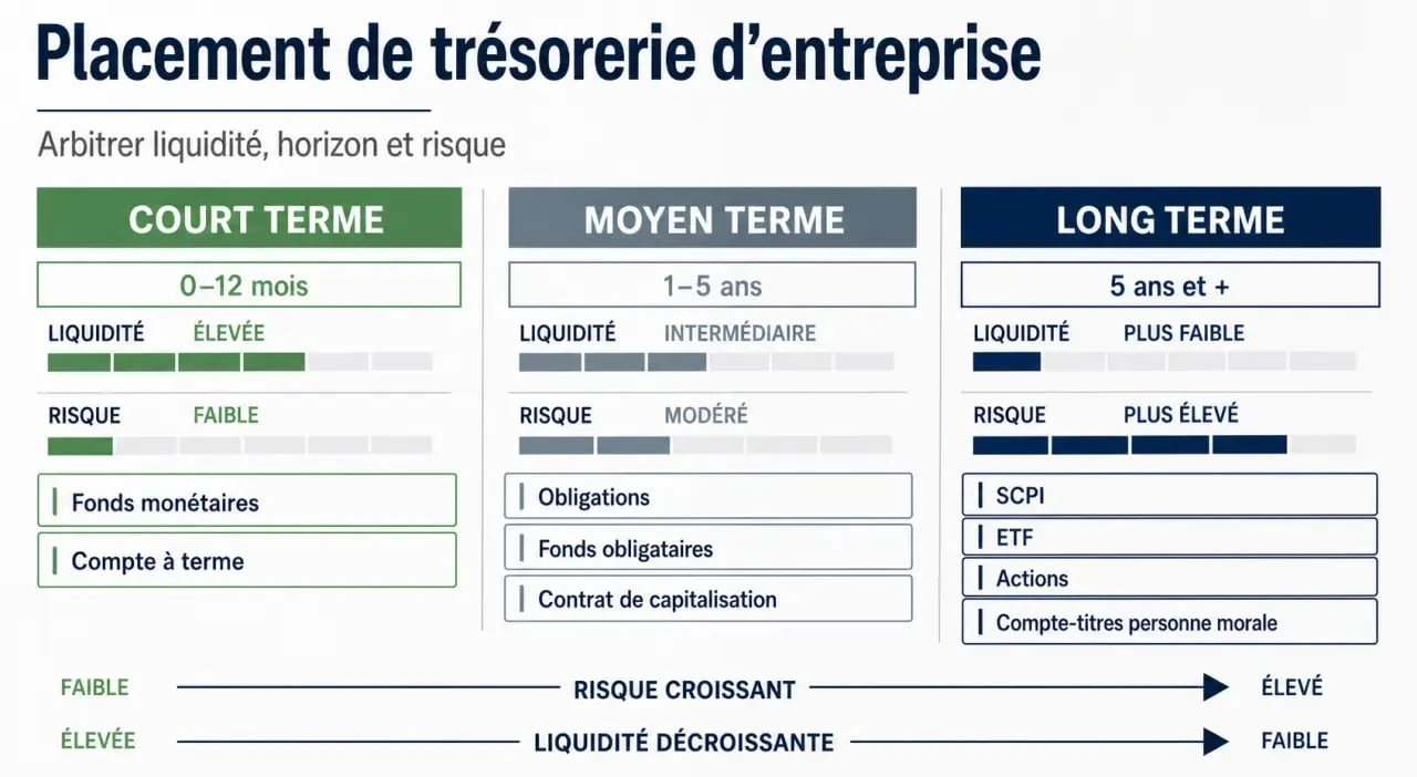 32 jours, 60 mois : choisir le placement de trésorerie d’entreprise sans bloquer la liquidité 2 Placement trésorerie entreprise : comparaison des horizons de placement, du risque et de la liquidité