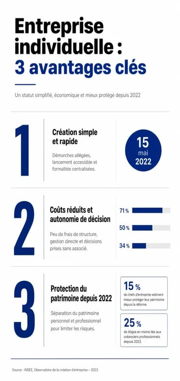 Avantage d une entreprise individuelle résumé en infographie éditoriale avec création simple, coûts réduits et protection du patrimoine