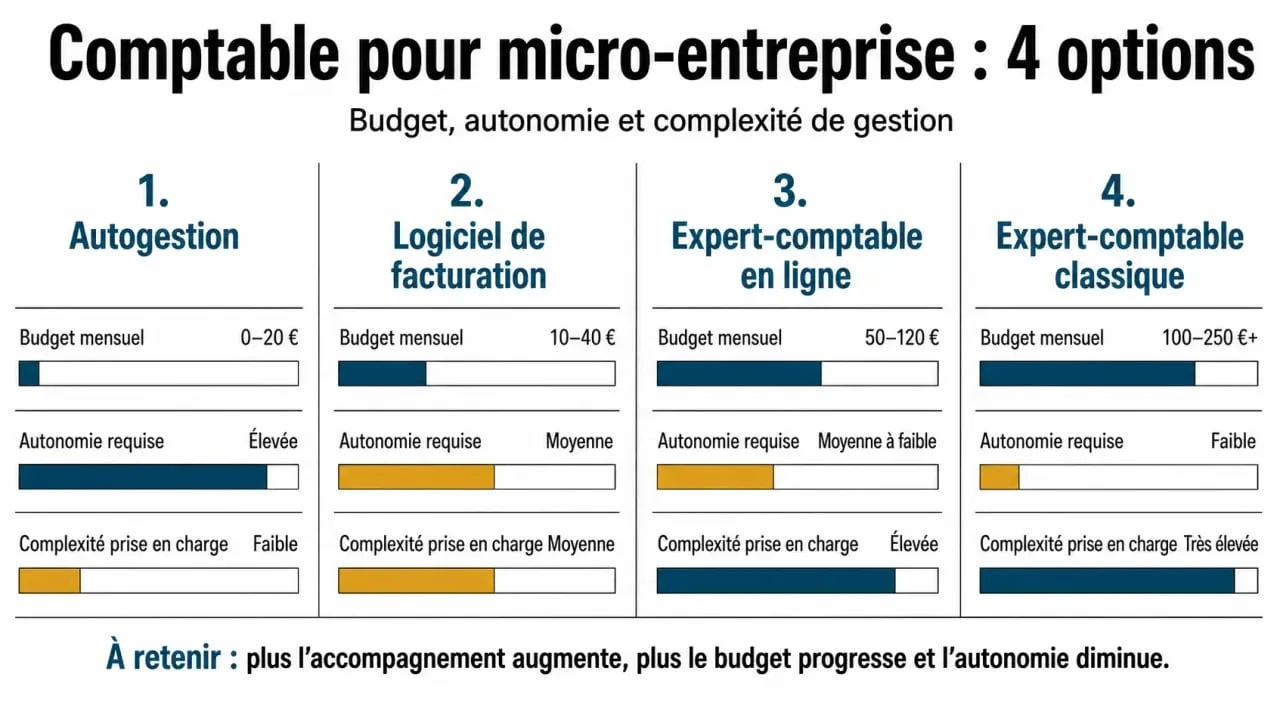 Comptable pour micro-entreprise : quand il devient utile et combien il coûte vraiment 2 Comptable pour micro entreprise : comparaison visuelle entre autogestion, logiciel, expert-comptable en ligne et expert-comptable classique
