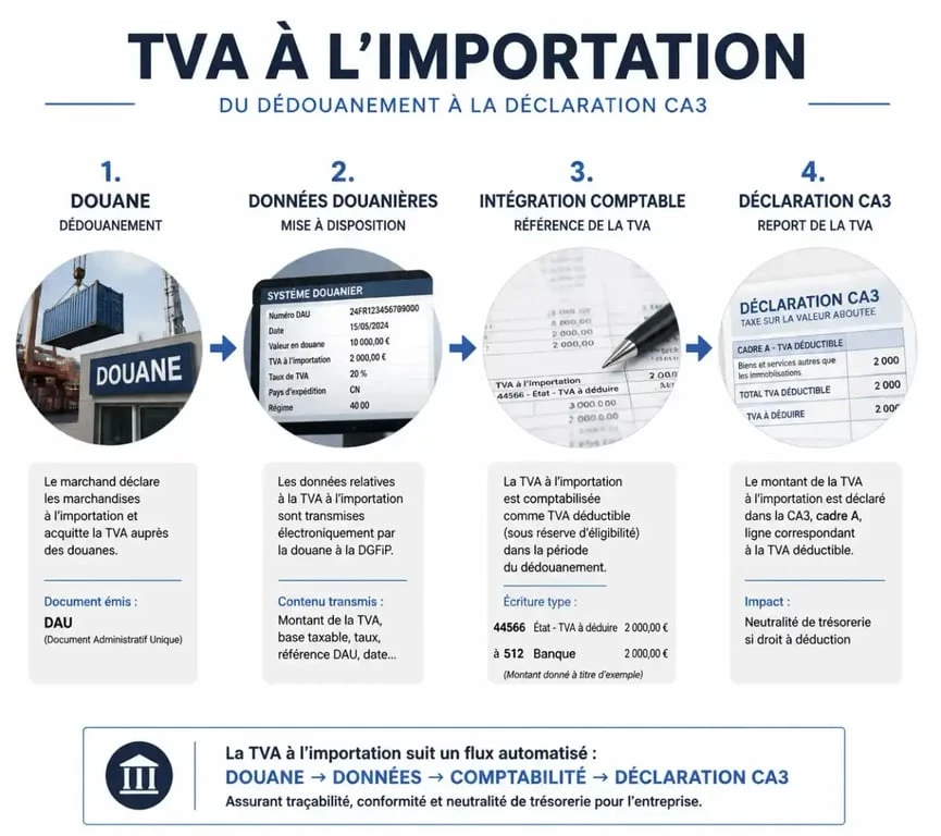 Autoliquidation de la TVA à l'importation : mode d'emploi pour sécuriser votre trésorerie 2 Schéma du processus de déclaration de la TVA à l'importation depuis la douane jusqu'à la déclaration CA3
