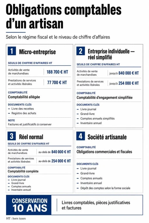 Comptable artisan : ce que la micro-entreprise, le réel et la société changent vraiment 2 Comptable artisan : infographie des obligations selon le régime fiscal et les documents à conserver