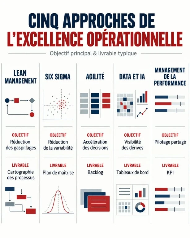 Infographie des méthodes mobilisées par un cabinet de conseil en excellence opérationnelle