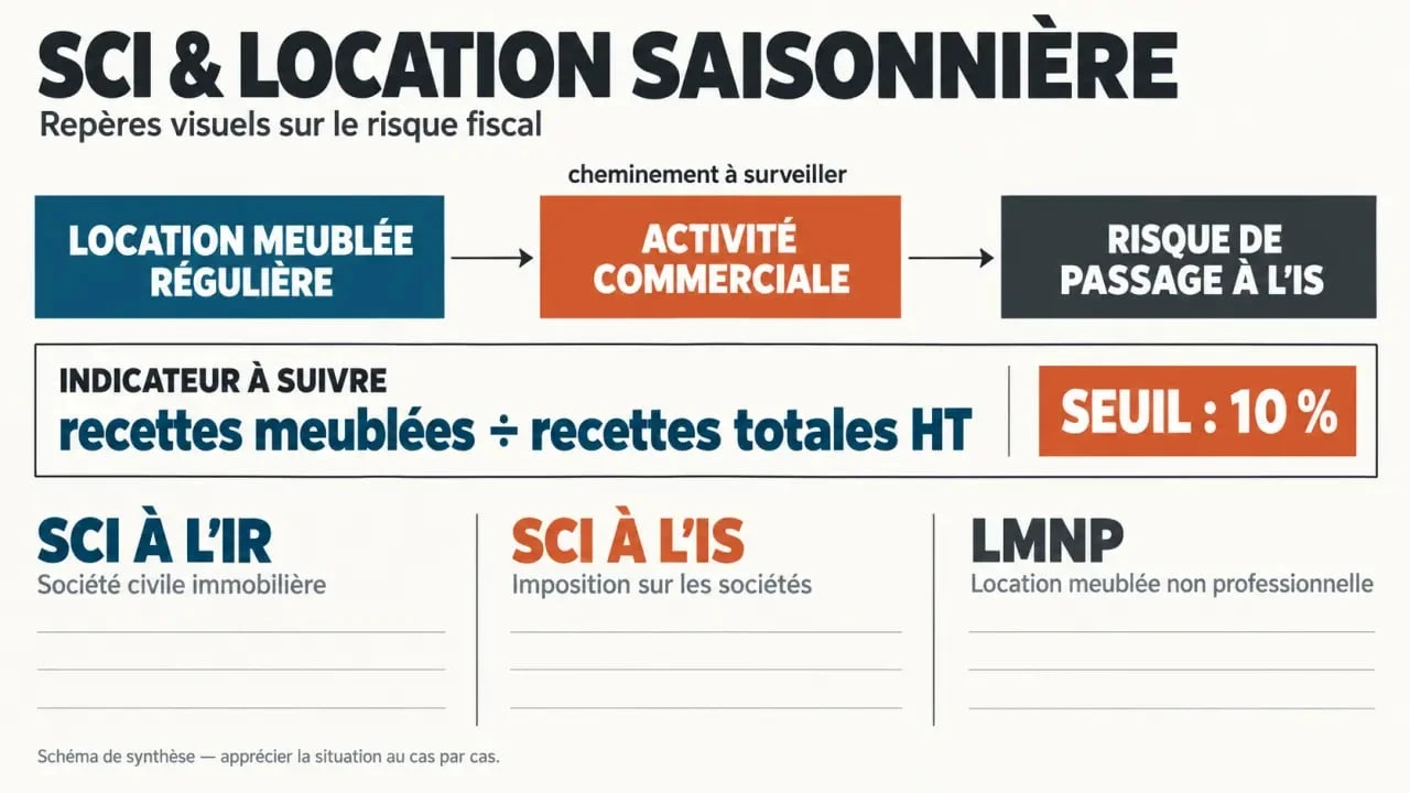 SCI et location saisonnière : rester à l’IR sans franchir le seuil de 10 % 2 Infographie sur la SCI et la location saisonnière, le seuil de 10 % et le risque d’IS