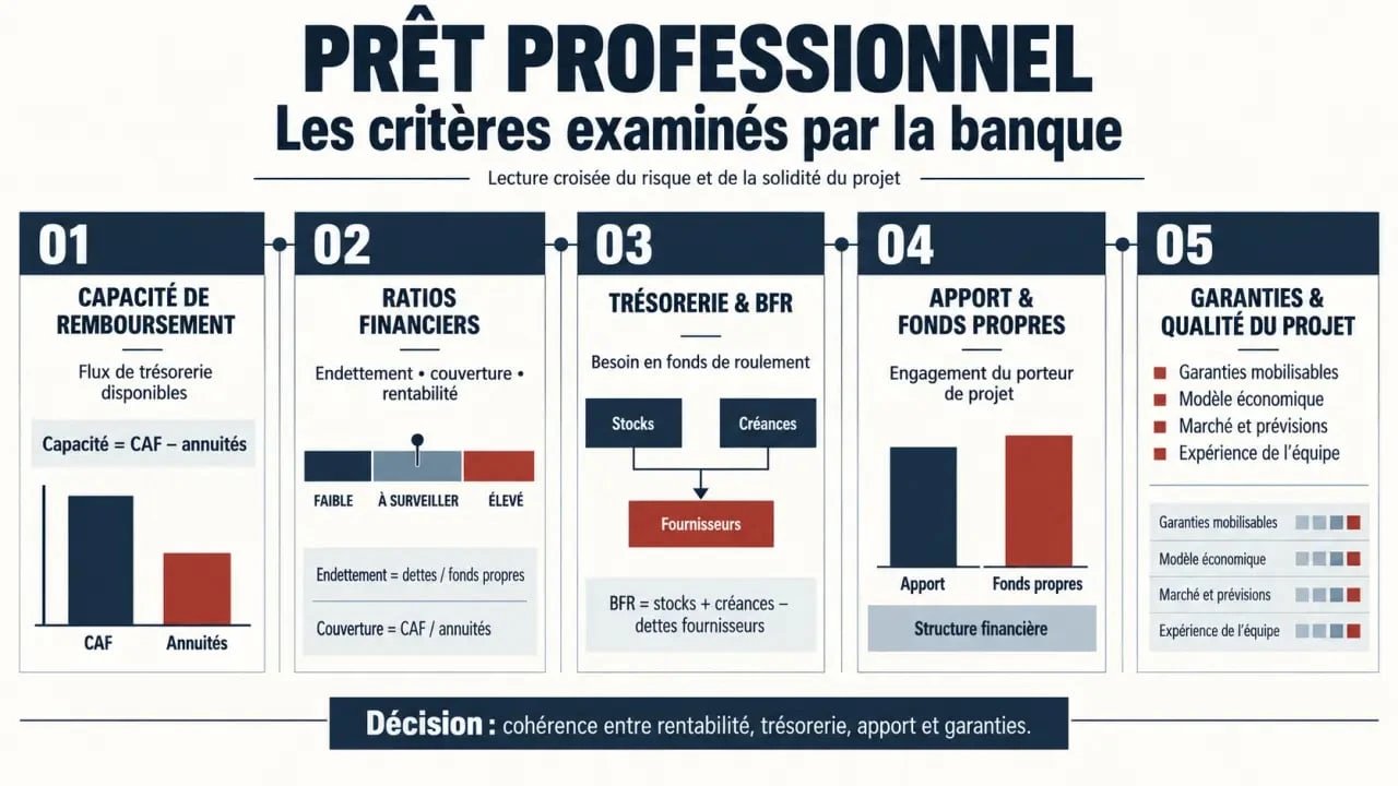 Infographie sur ce que regarde la banque pour un prêt professionnel : ratios, trésorerie, apport et garanties