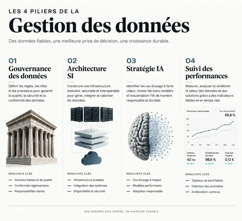 Cabinet de conseil data management : 5 critères pour réussir votre transformation 2 Les quatre piliers du data management pour un cabinet de conseil spécialisé