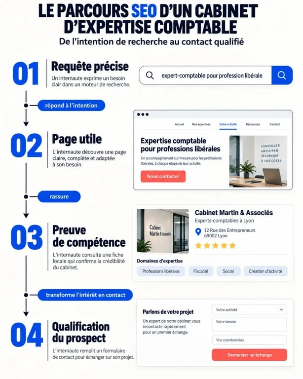 Le SEO d’un expert-comptable attire des mandats mieux qualifiés, sans promesse irréaliste 2 Conseil SEO expert comptable : parcours de la requête à la qualification du prospect