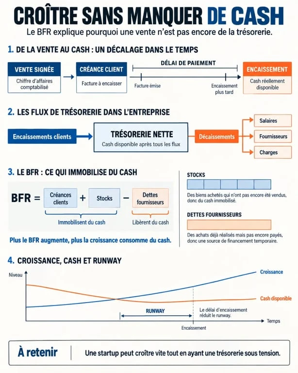 Optimiser la trésorerie d’une jeune startup avant la rupture de cash 2 Infographie pour comprendre comment optimiser la gestion de trésorerie d'une jeune startup avec le BFR et le runway