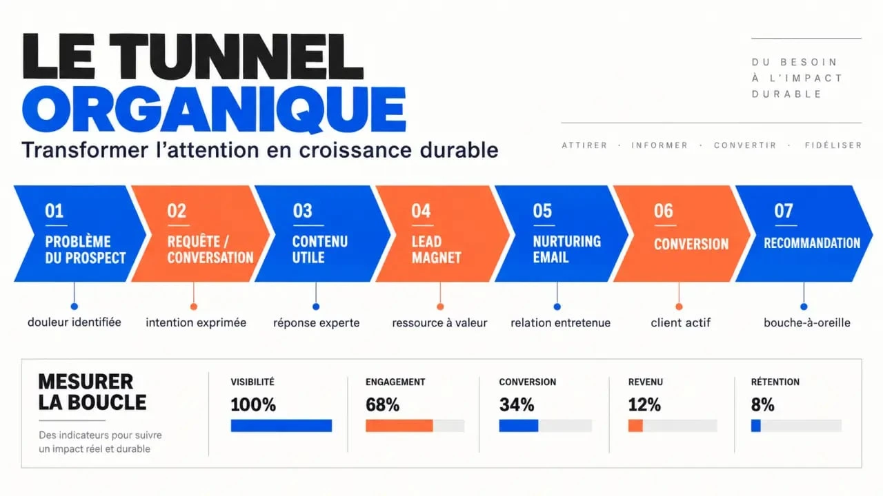 Infographie d'une stratégie acquisition organique startup, du contenu à la conversion et à la recommandation
