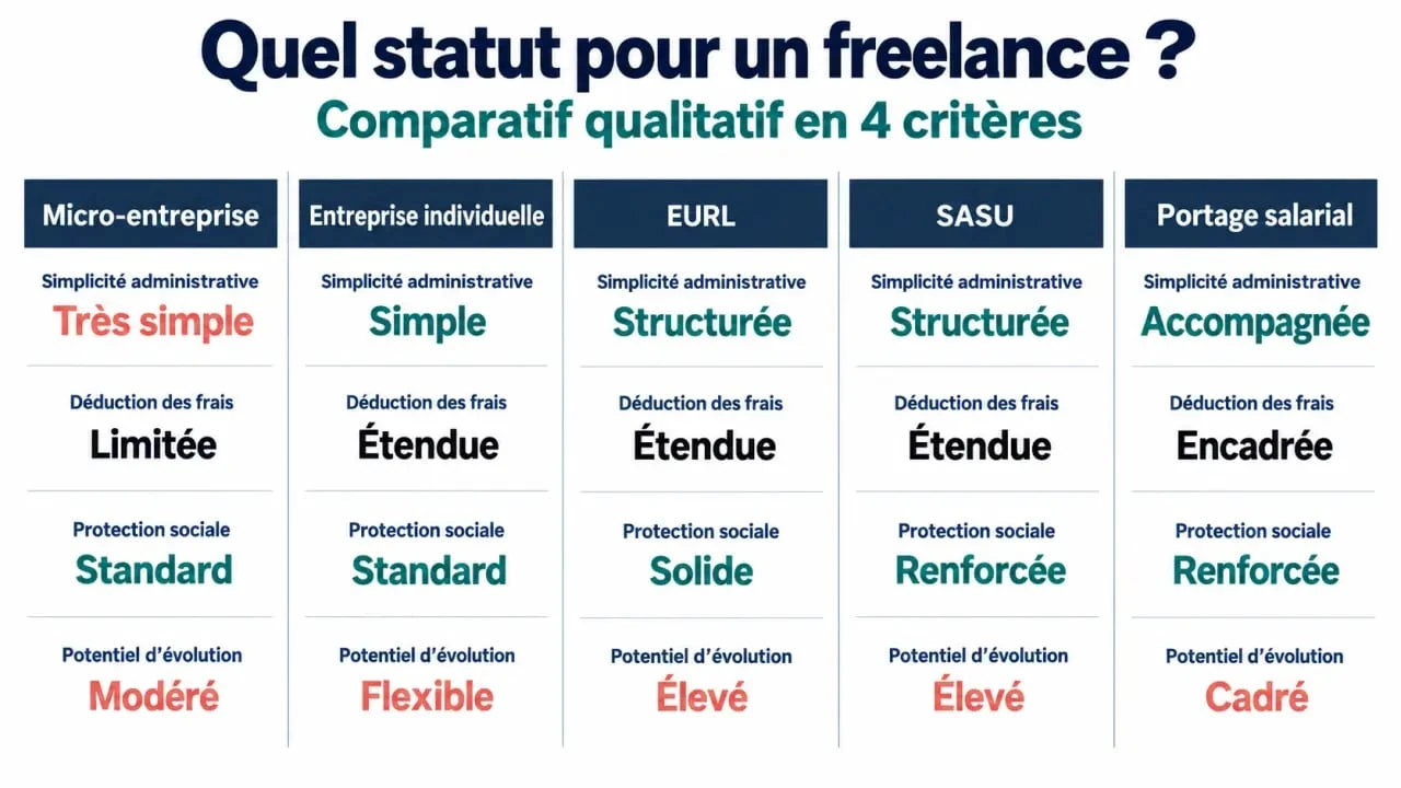 Quel est le meilleur statut juridique pour un freelance : comparaison visuelle de la micro-entreprise, de l’EI, de l’EURL, de la SASU et du portage salarial