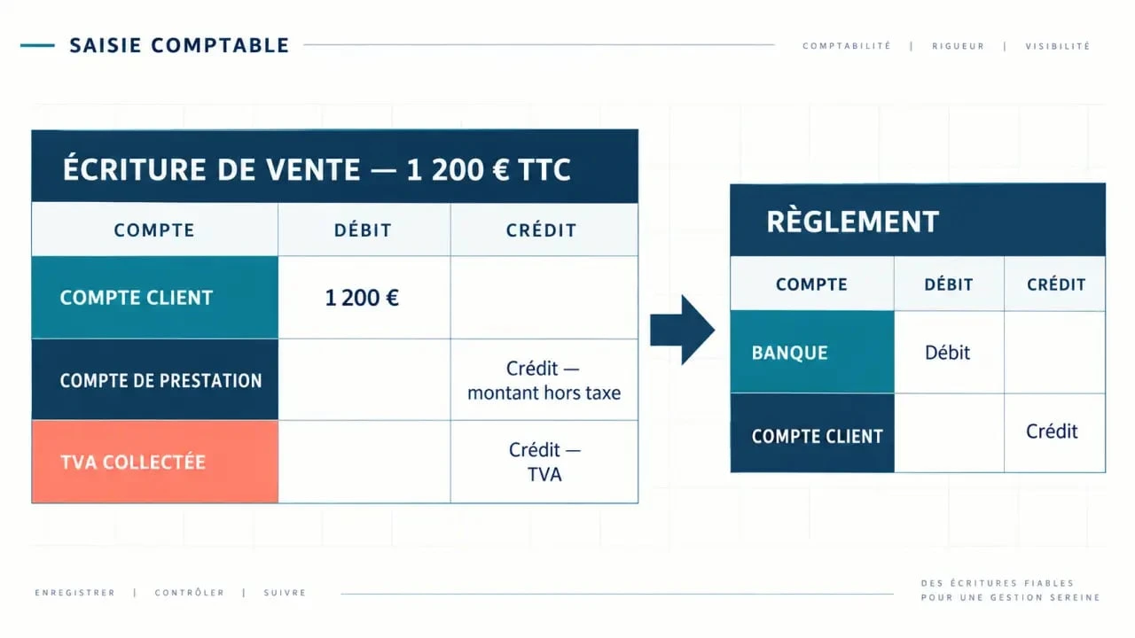 Saisie comptable : six journaux pour classer chaque opération 2 Saisie comptable : exemple visuel d’une écriture de vente avec débit, crédit et TVA