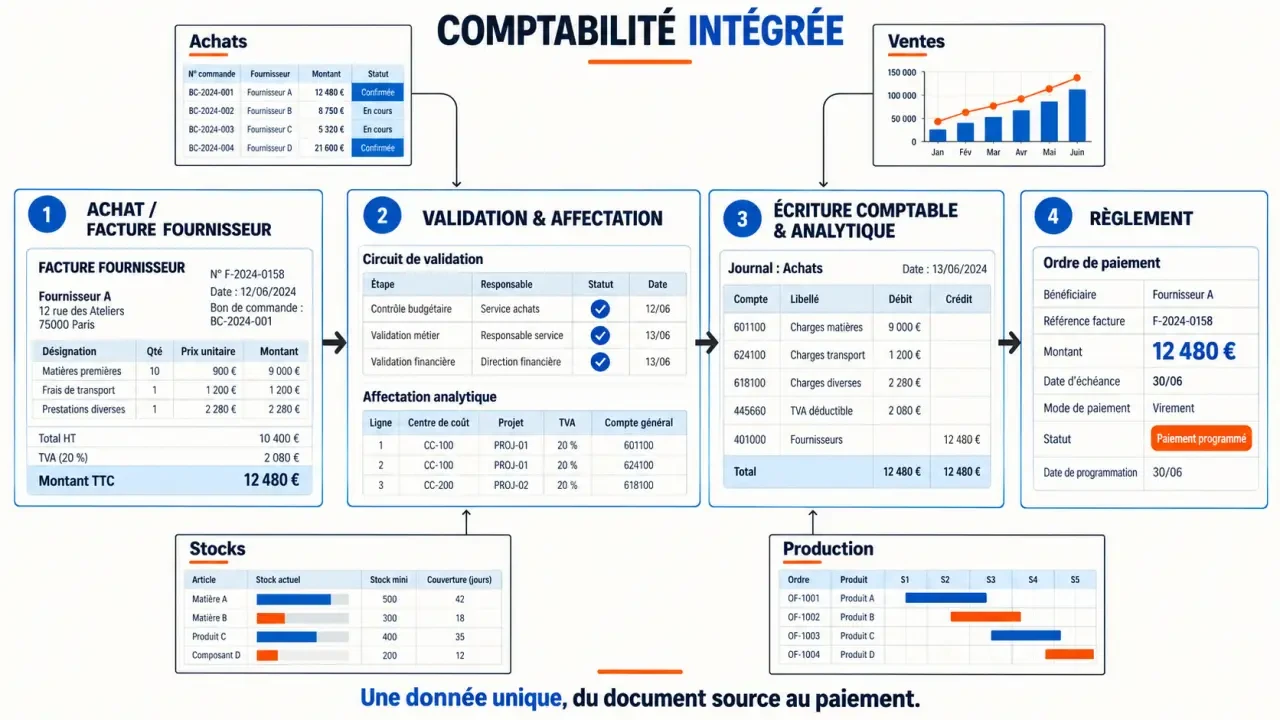 Schéma du fonctionnement d’un logiciel SAP de comptabilité intégré aux achats, aux ventes et aux règlements