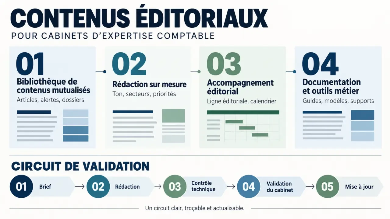 Infographie sur les contenus éditoriaux expert comptable et leur circuit de validation