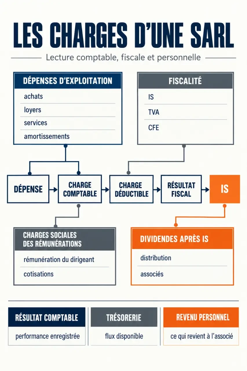 Charges SARL : les 4 postes à chiffrer avant de vous rémunérer 2 Infographie sur les charges SARL : exploitation, fiscalité, cotisations sociales et dividendes