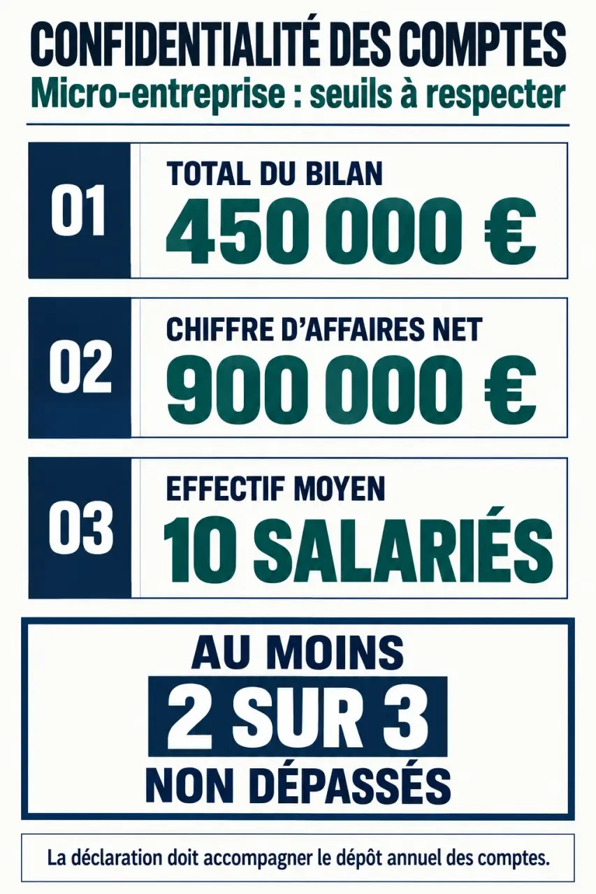 Confidentialité des comptes en micro-entreprise : 2 seuils sur 3 suffisent, mais pas sans déclaration 2 Infographie sur le seuil micro entreprise confidentialité et la règle des deux critères sur trois