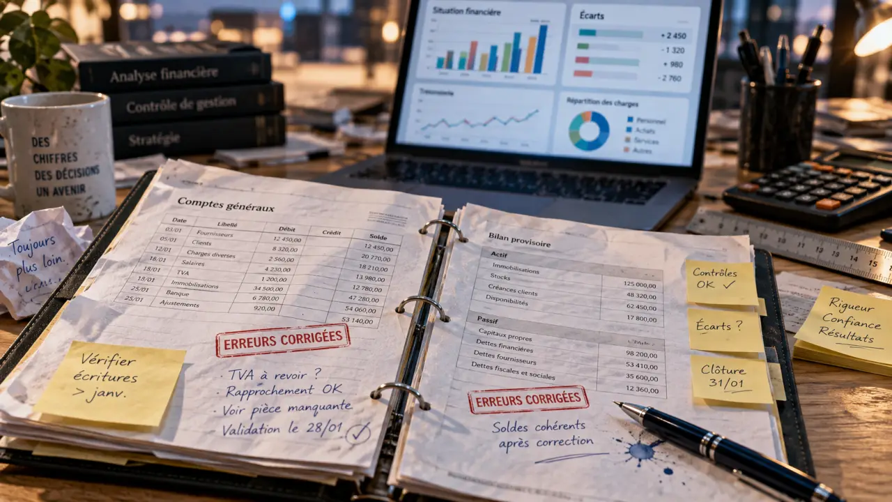 Erreur comptable et décision de gestion : classeur et tableau financier avec écarts