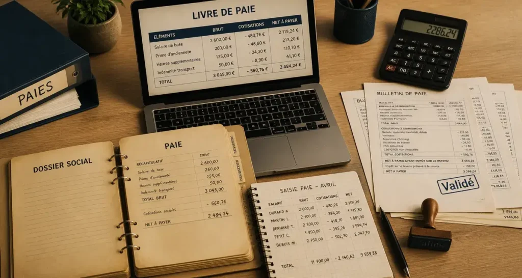 Livre de paie : salaires, charges et régularisations, vue tableau brut/net et cotisations